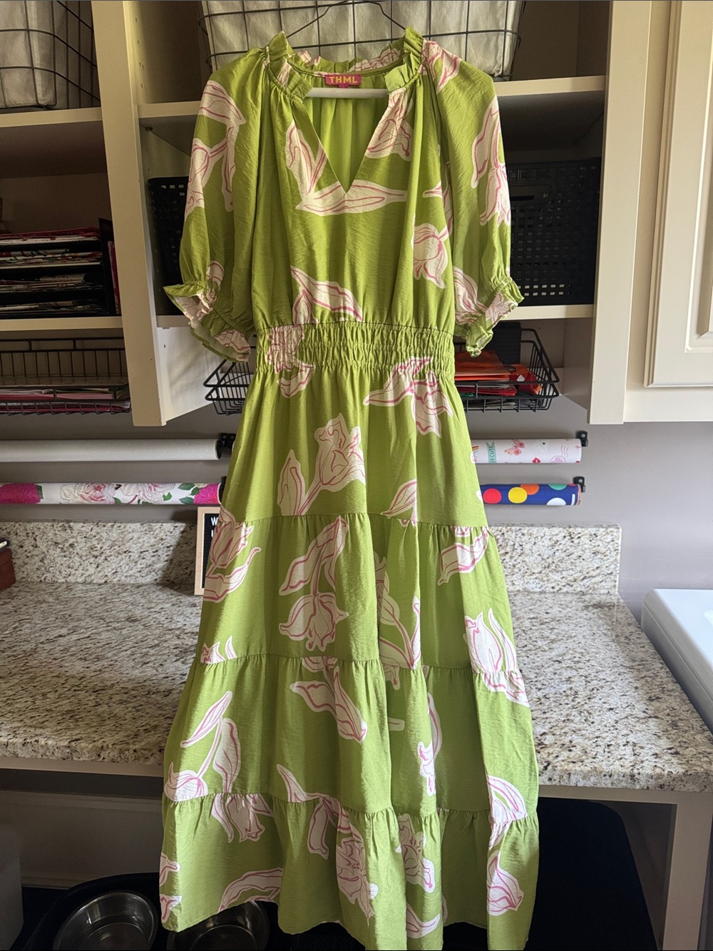 THML Lime Green Floral Maxi Dress with Pink Accents